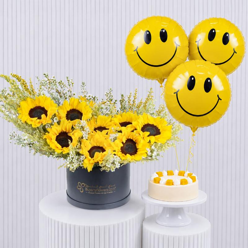 Sunflare Blooming with Cake and Balloon - Gift Sets gift from Buy Any Flowers Dubai in Al Quoz Industrial Area 4, Dubai, UAE