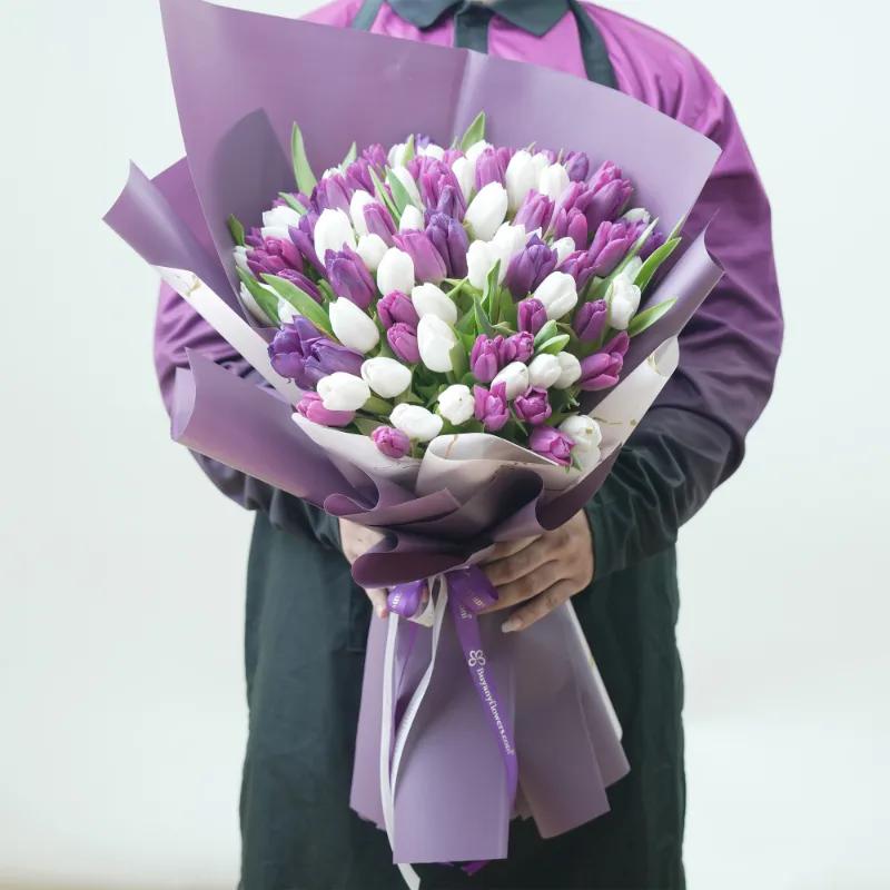 Purple and White Beauty 101 Tulips Bouquet With Chocolate - Gift Sets gift from Buy Any Flowers Dubai in Al Quoz Industrial Area 4, Dubai, UAE - image 2