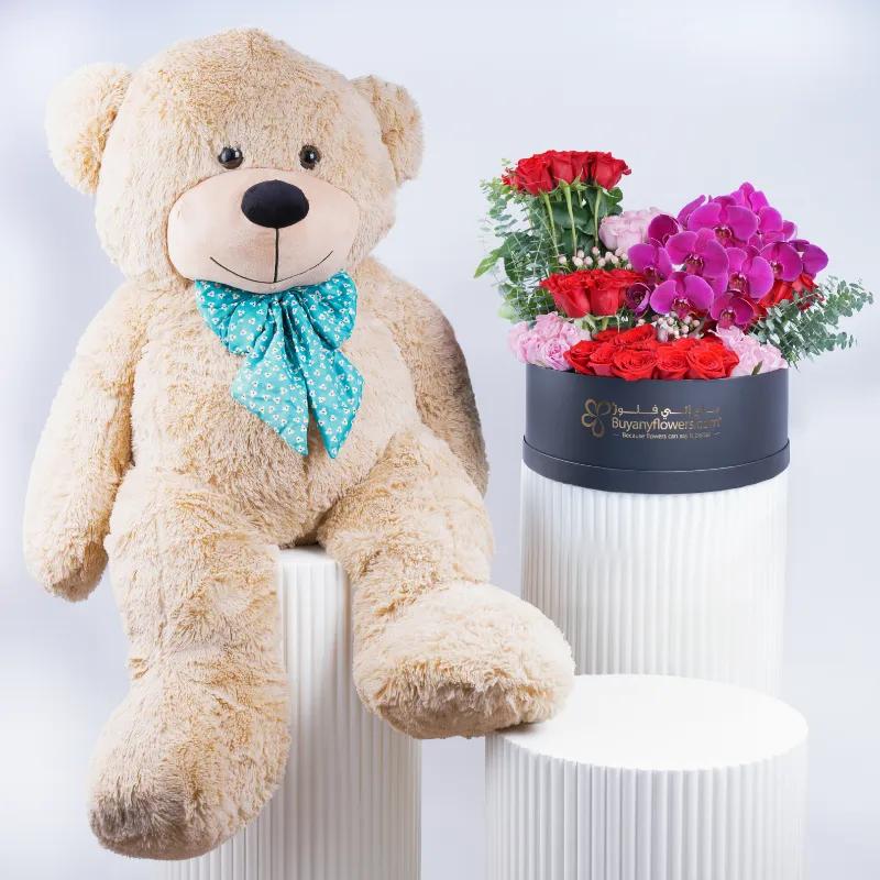 Grand Embrace Floral Box and Teddy 150cm - Gift Sets gift from Buy Any Flowers Dubai in Al Quoz Industrial Area 4, Dubai, UAE