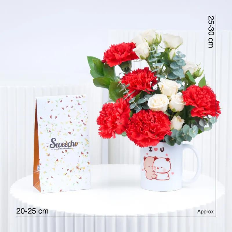 Thought 7 Carnation and Roses in Mug With Chocolate - Gift Sets gift from Buy Any Flowers Dubai in Al Quoz Industrial Area 4, Dubai, UAE - image 3