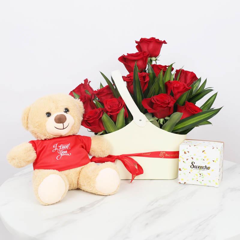 Present 15 Red Roses Box Trio