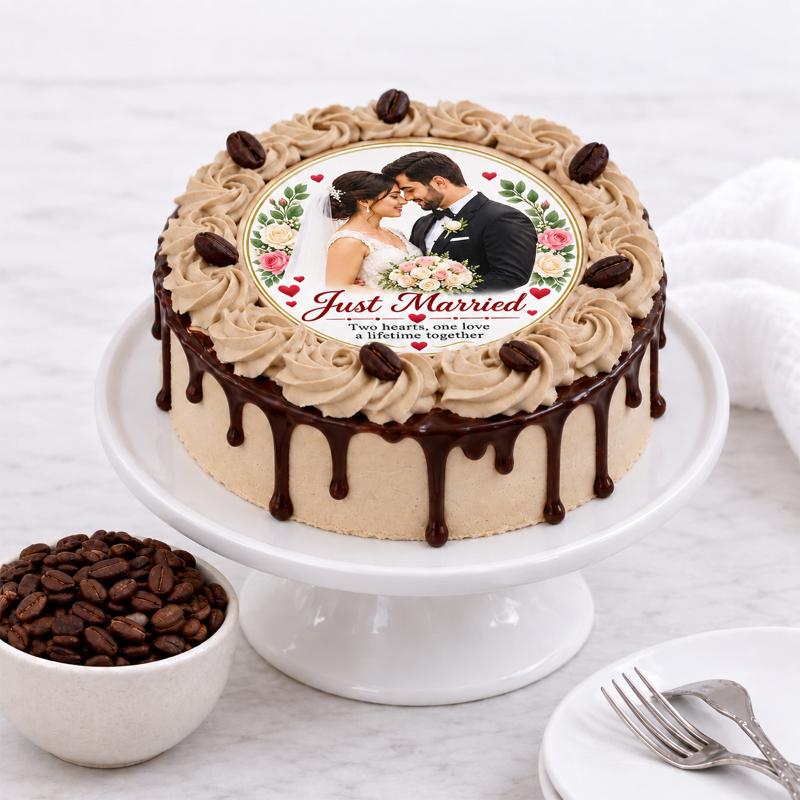 Personalised Just Married Photo Cake - Gift Sets gift from Buy Any Flowers Dubai in Al Quoz Industrial Area 4, Dubai, UAE