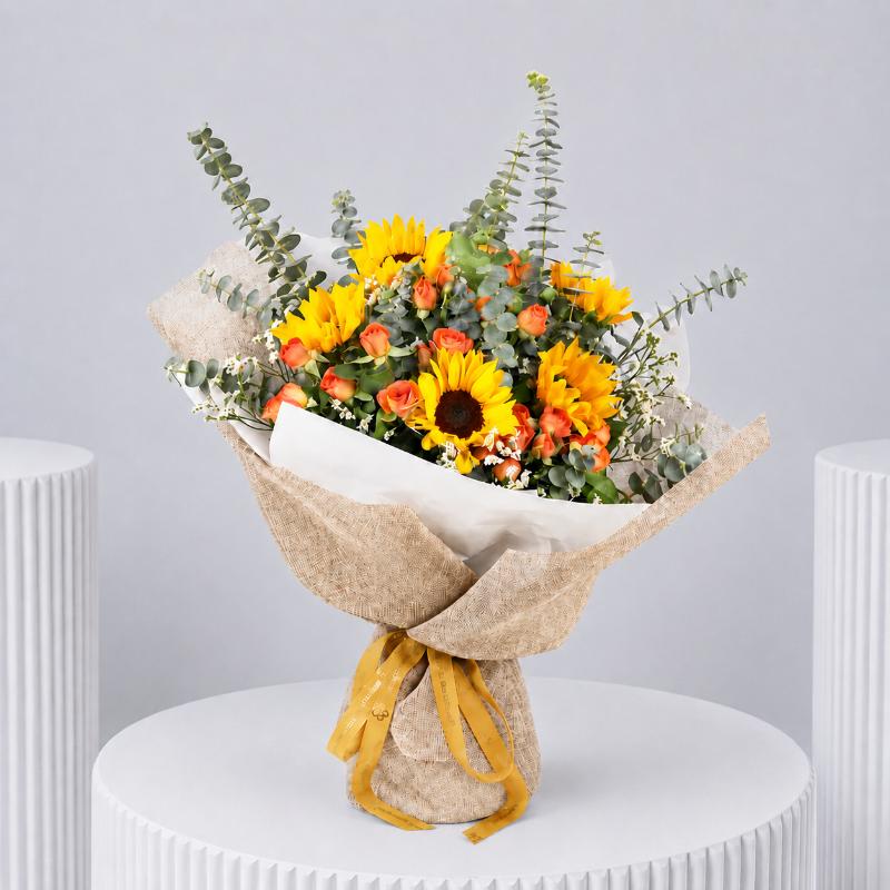 Citrus Sunflower and Roses Bouquet - Flowers gift from Buy Any Flowers Dubai in Al Quoz Industrial Area 4, Dubai, UAE