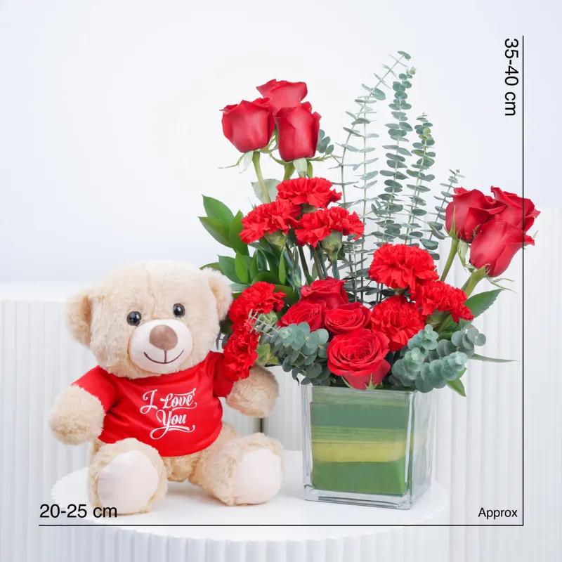 Eternal Red Roses and Carnations in Vase with Teddy - Gift Sets gift from Buy Any Flowers Dubai in Al Quoz Industrial Area 4, Dubai, UAE - image 3