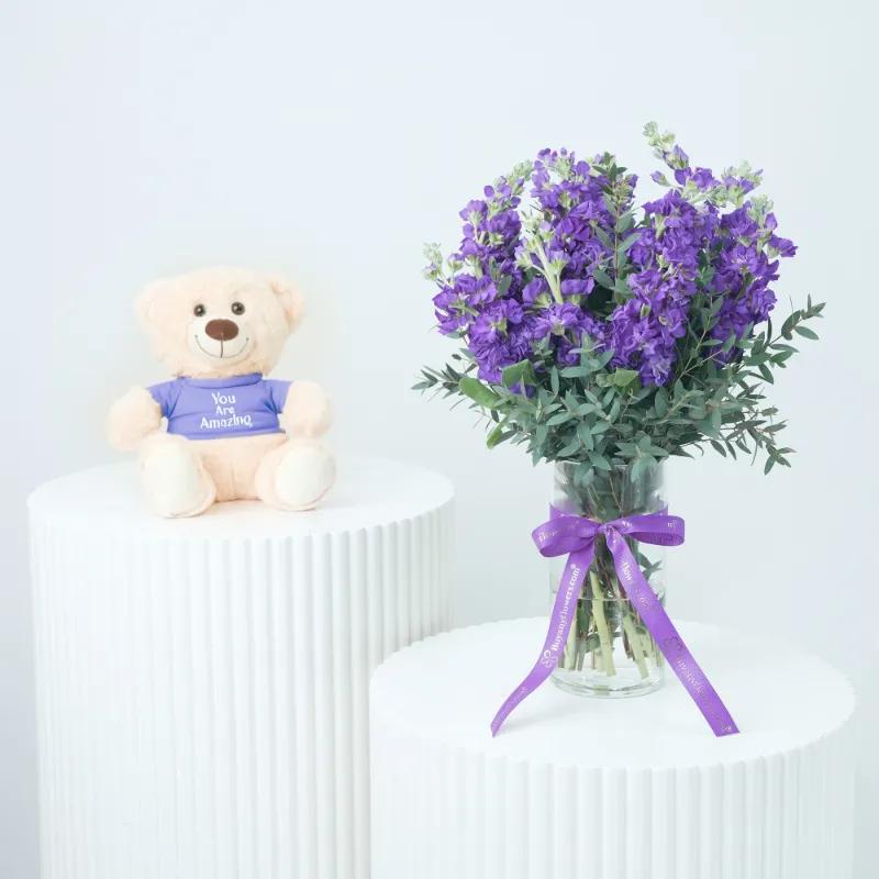 Purple Beauty 11 Matthiola With Teddy - Gift Sets gift from Buy Any Flowers Dubai in Al Quoz Industrial Area 4, Dubai, UAE