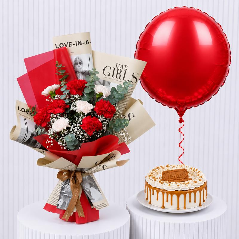 Candy Carnations with Cake and Balloon - Gift Sets gift from Buy Any Flowers Dubai in Al Quoz Industrial Area 4, Dubai, UAE