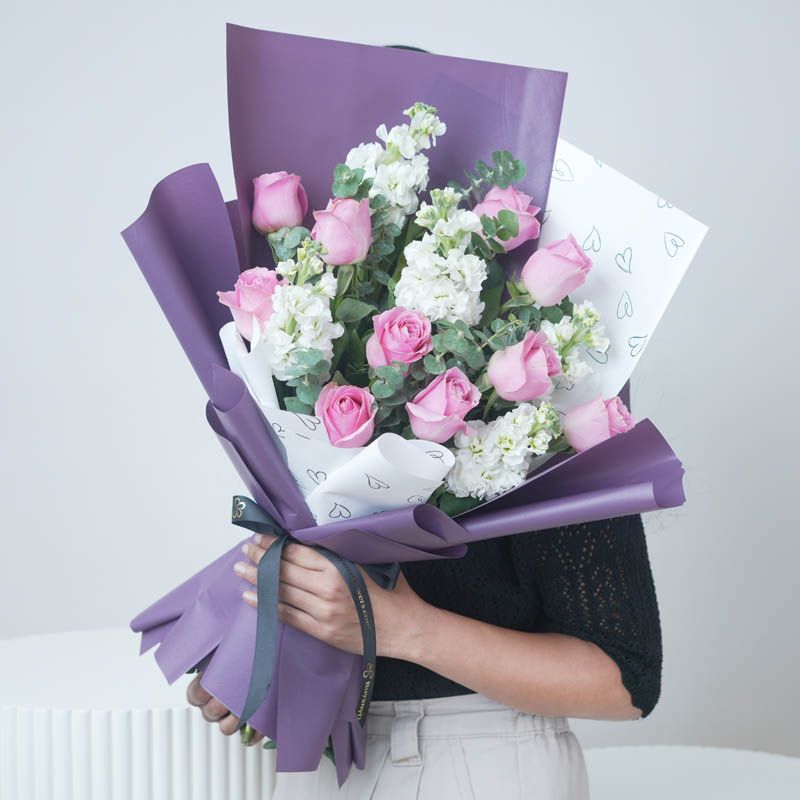 Tender Charm Roses and Stocks Bouquet thumbnail 2