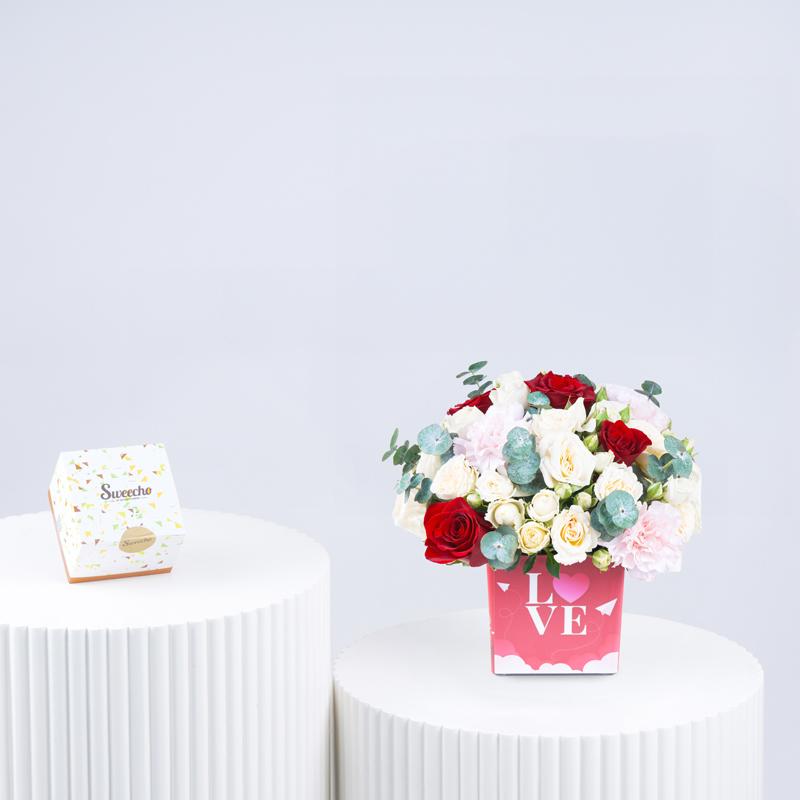 Flower Arrangement For Valentine With Chocolate - Gift Sets gift from Buy Any Flowers Dubai in Al Quoz Industrial Area 4, Dubai, UAE