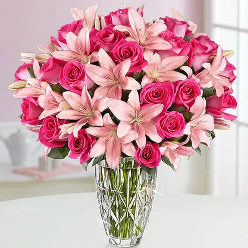Pink Roses and Lily In Vase thumbnail 1