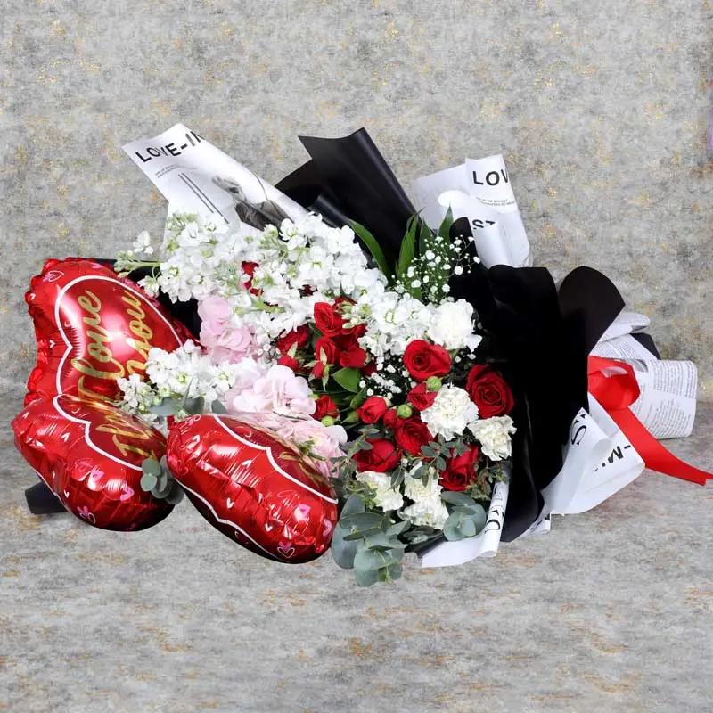 Romantic Flowers and I Love You Balloons Bouquet thumbnail 4