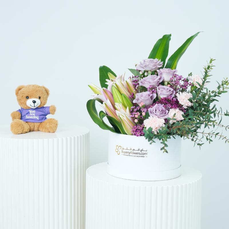 Lilac Blush Flower Box With Teddy - Gift Sets gift from Buy Any Flowers Dubai in Al Quoz Industrial Area 4, Dubai, UAE