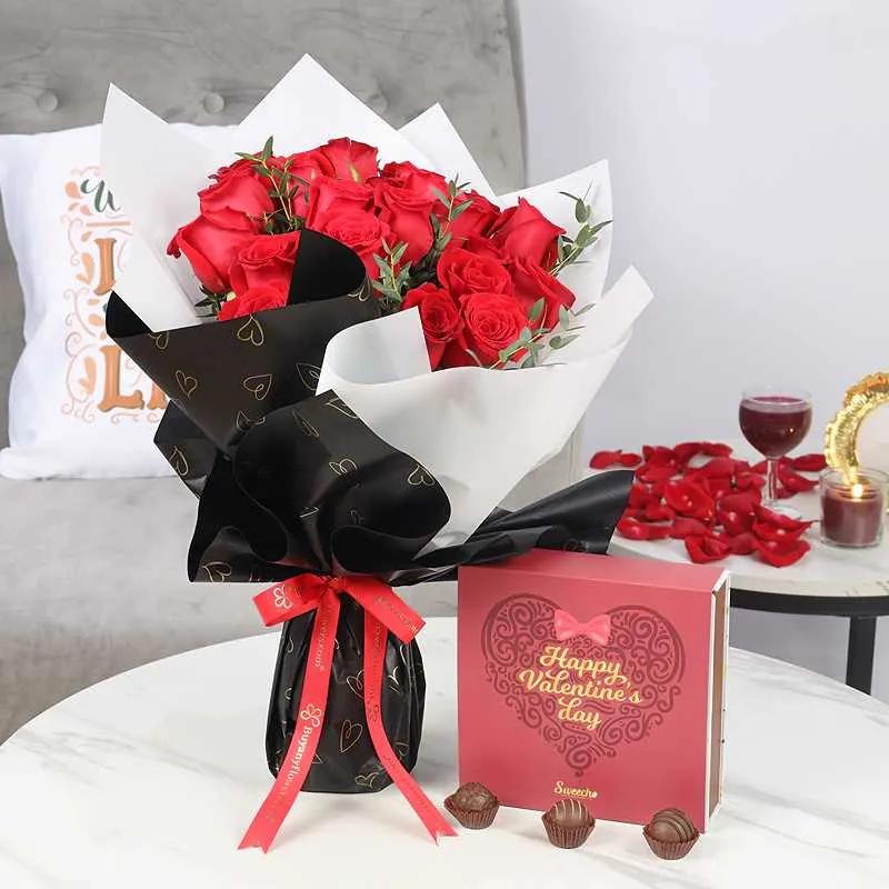 Beautiful Red 21 Roses Bouquet and Valentine Chocolates By Sweecho in Dubai