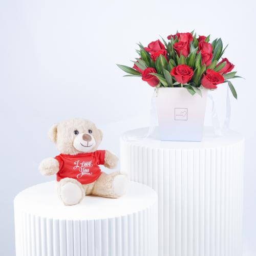 Box Of Love 21 Red Roses With Teddy - Gift Sets gift from Buy Any Flowers Dubai in Al Quoz Industrial Area 4, Dubai, UAE