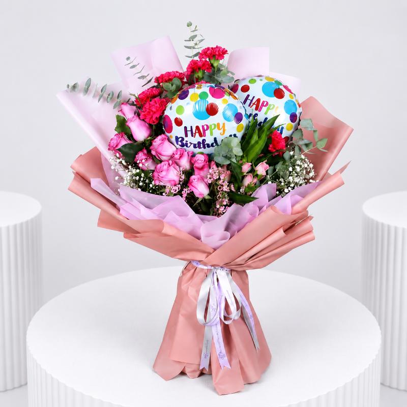 Mauve Flowers and Birthday Balloons Bouquet - Balloons gift from Buy Any Flowers Dubai in Al Quoz Industrial Area 4, Dubai, UAE