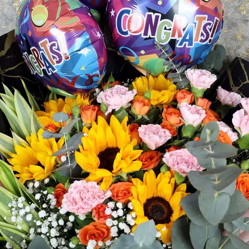 Sunburst Flowers and Congrats Balloons Bouquet thumbnail 3