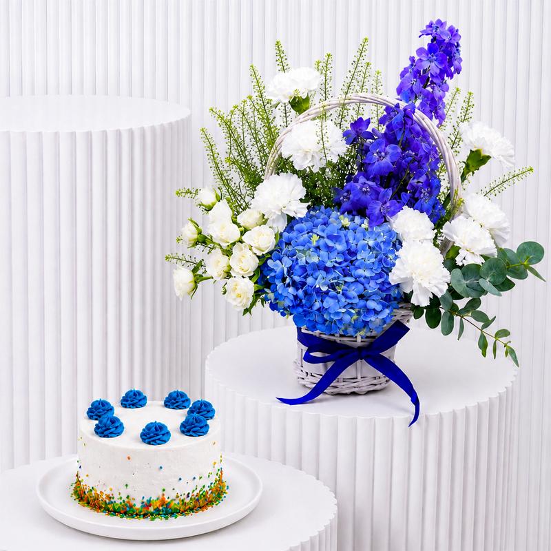 Serenity Flower Basket and Mono Cake Combo - Gift Sets gift from Buy Any Flowers Dubai in Al Quoz Industrial Area 4, Dubai, UAE