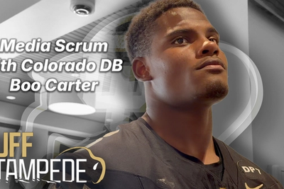 Media scrum with Colorado DB Boo Carter on CU's 2026 Fall Sports Media Day
