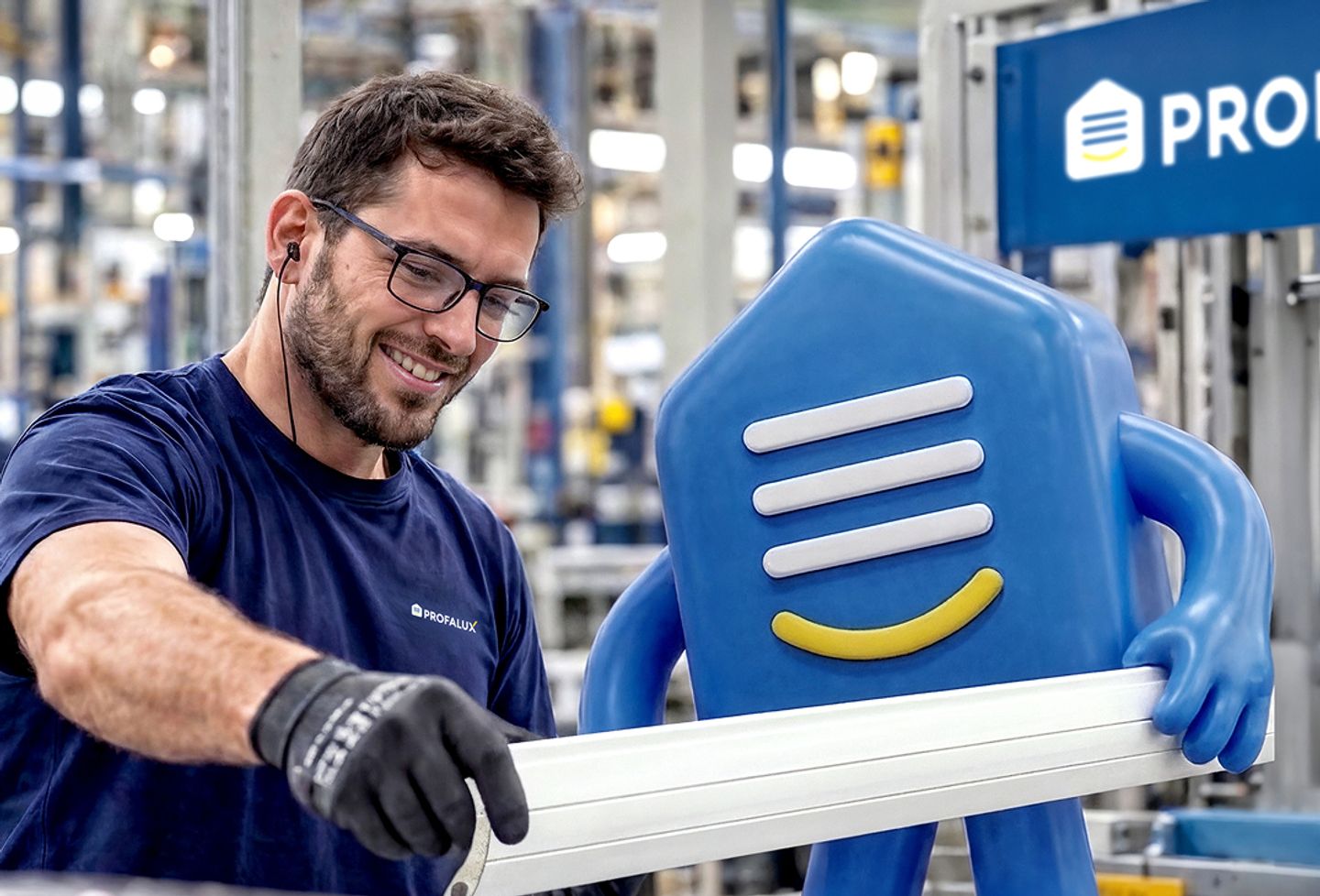 Un collaborateur Profalux et la mascotte en atelier