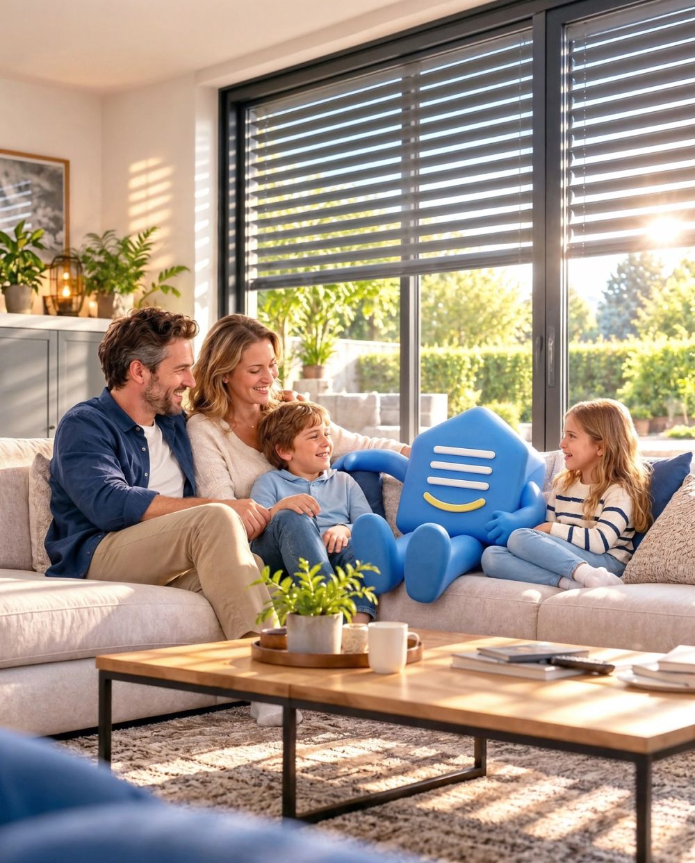 Une famille dans son salon avec la mascotte