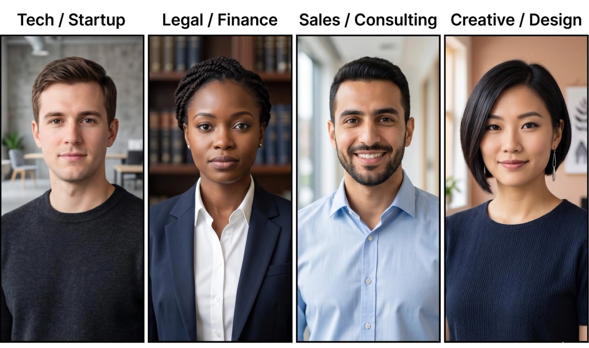 Four LinkedIn headshots styled for different industries — tech, legal, sales, and creative — showing how credibility standards vary by profession.