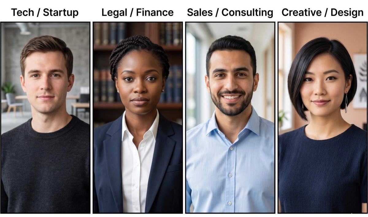 Four LinkedIn headshots styled for different industries — tech, legal, sales, and creative — showing how credibility standards vary by profession.