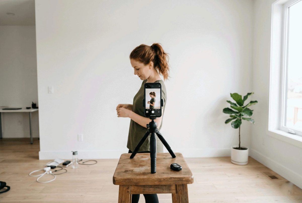 Person taking multiple headshots on phone tripod, changing angles slightly between shots.