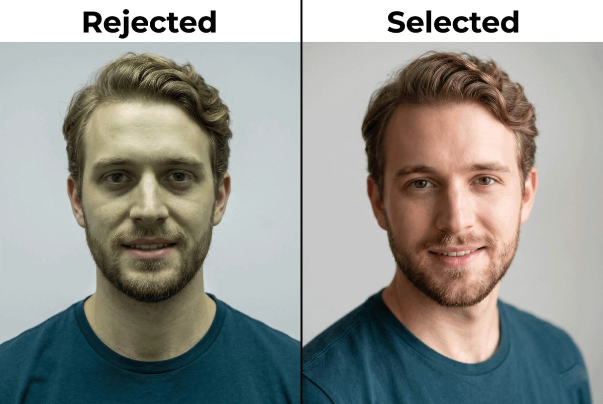 Two headshots side by side — one dull, one vibrant and confident — illustrating difference in lighting and expression.