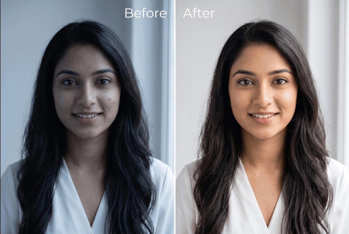 Before-and-after photo comparison: unedited vs lightly edited headshot, natural skin tones preserved.