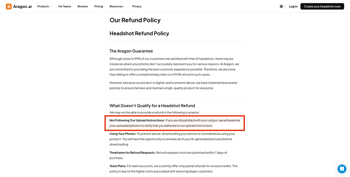 Aragon AI refund policy screenshot showing refunds may depend on whether uploaded photos followed the platform's instructions