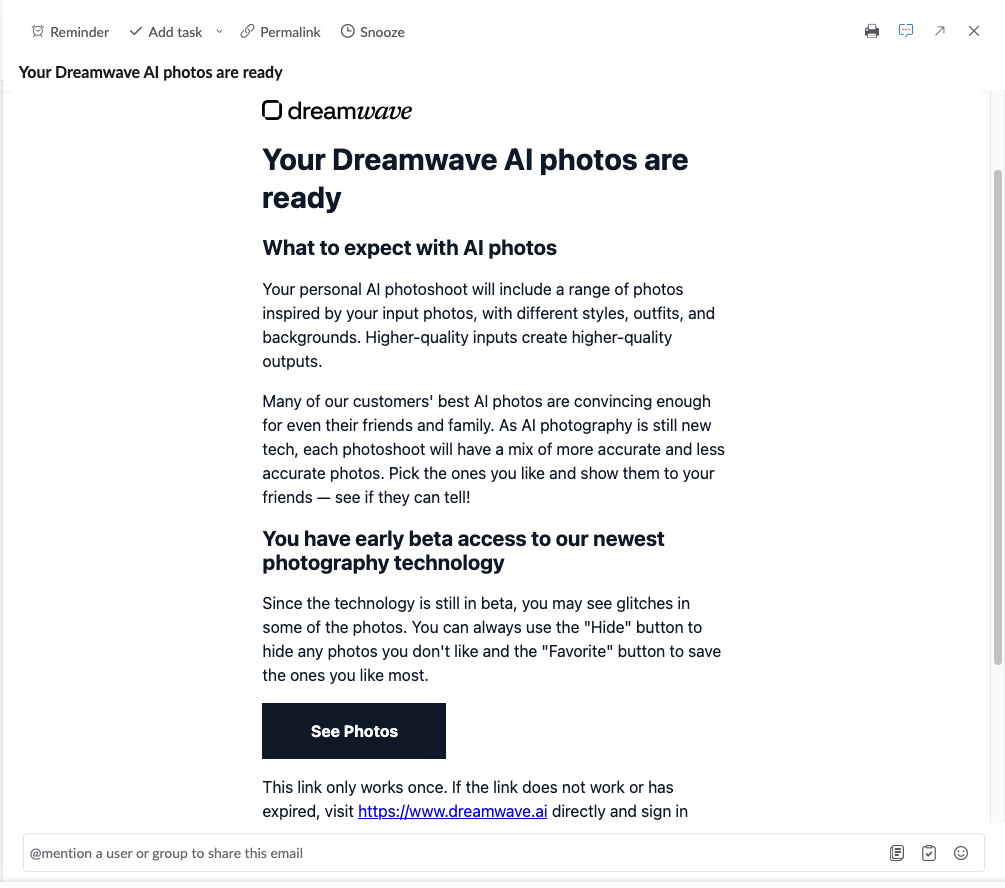 DreamWave AI email notification when headshots are ready