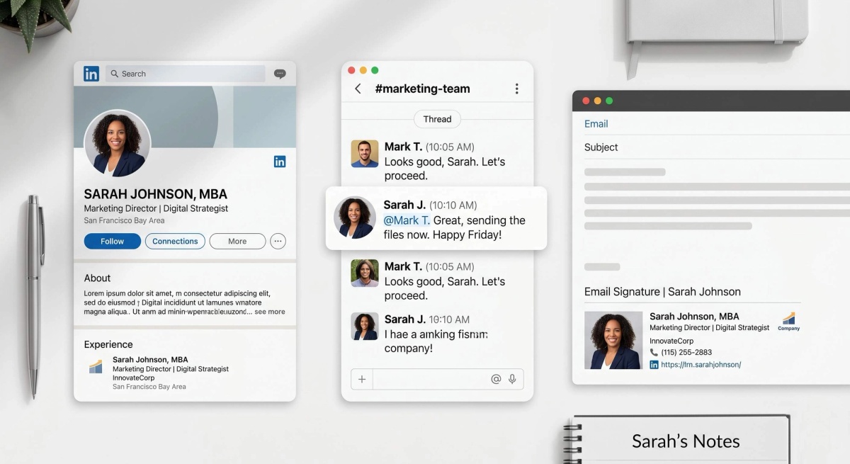 Platform comparison showing the same headshot displayed correctly on LinkedIn, Slack, and email signature at different sizes
