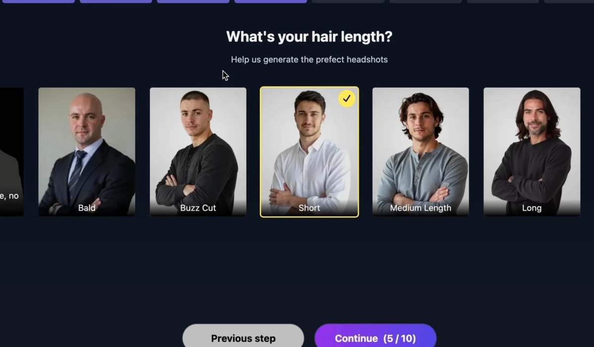 HeadshotMaster hair length selection