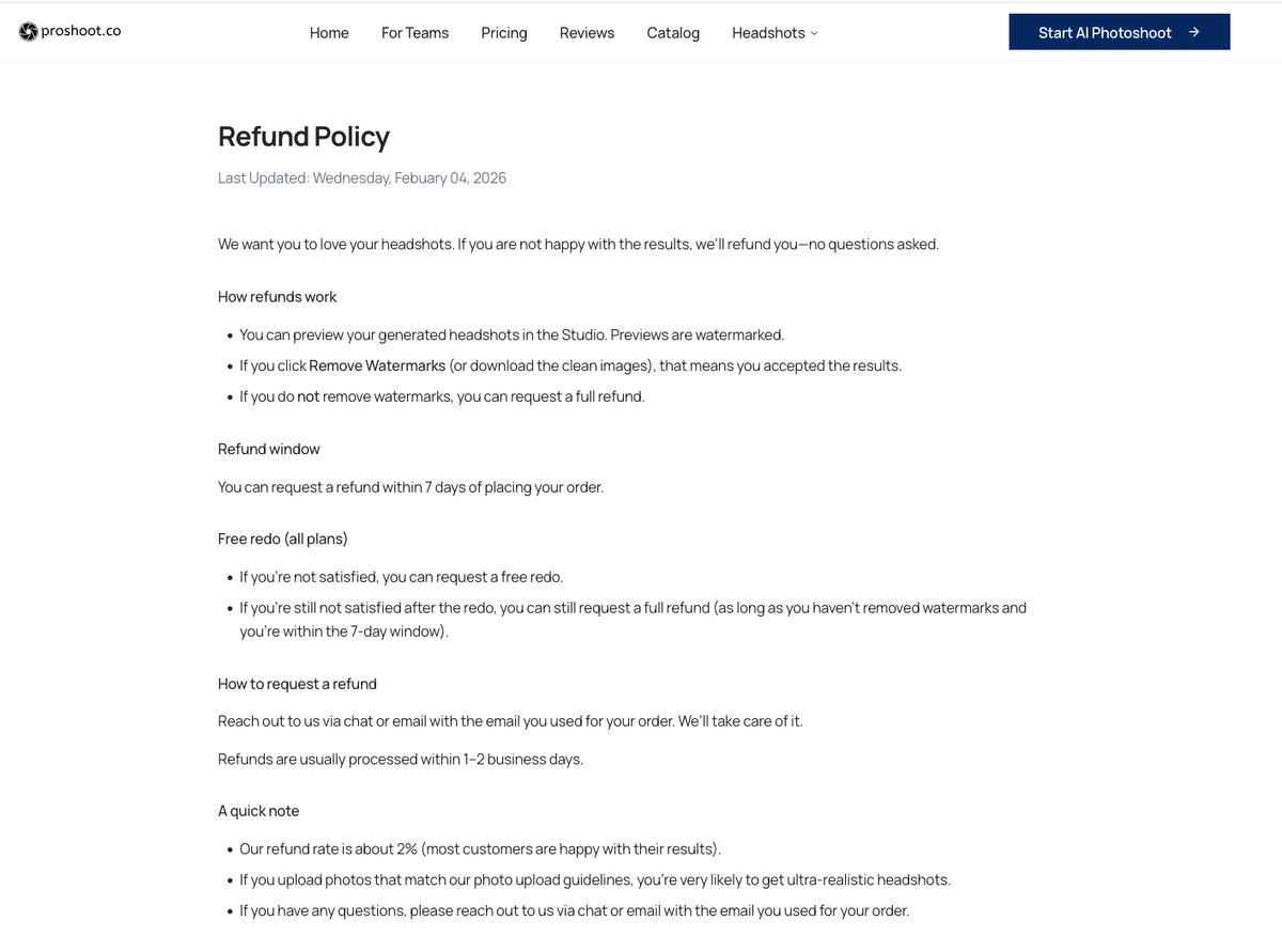Proshoot AI headshot refund policy screenshot showing a clear 7 day refund window and preview-before-download workflow