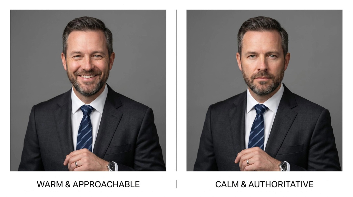 Two professional headshots side by side: one with a warm smile, one with a composed neutral expression