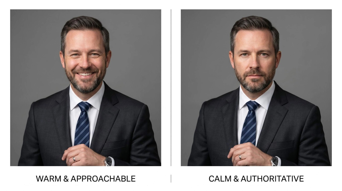 Two professional headshots side by side: one with a warm smile, one with a composed neutral expression