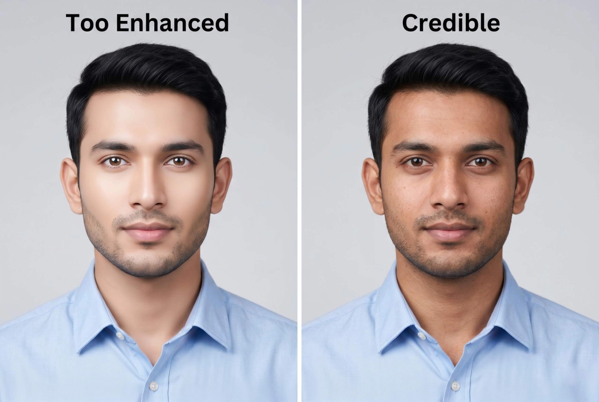 Side-by-side comparison of two AI headshots — one over-enhanced with porcelain skin, one natural and credible with visible skin texture.