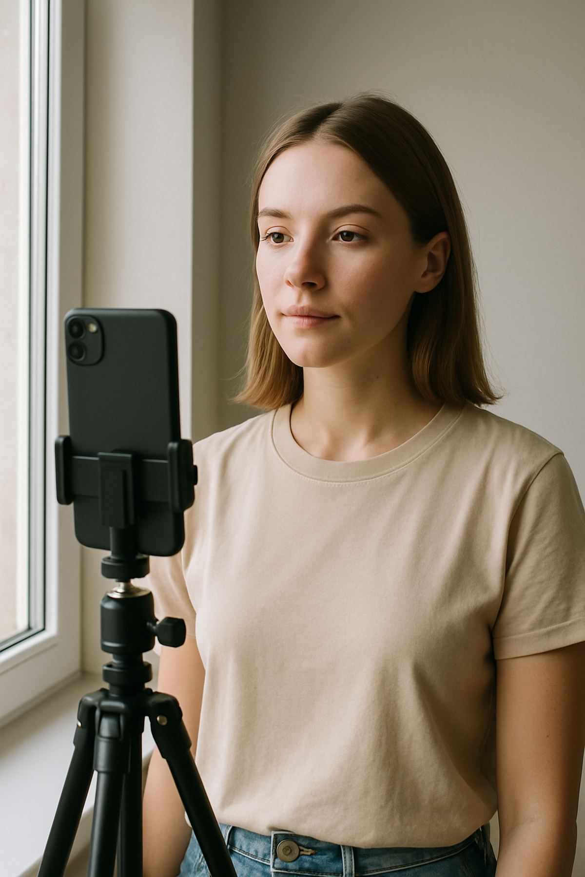 A person standing near a large window with soft daylight falling on their face, neutral background, bright and natural lighting — smartphone on tripod.