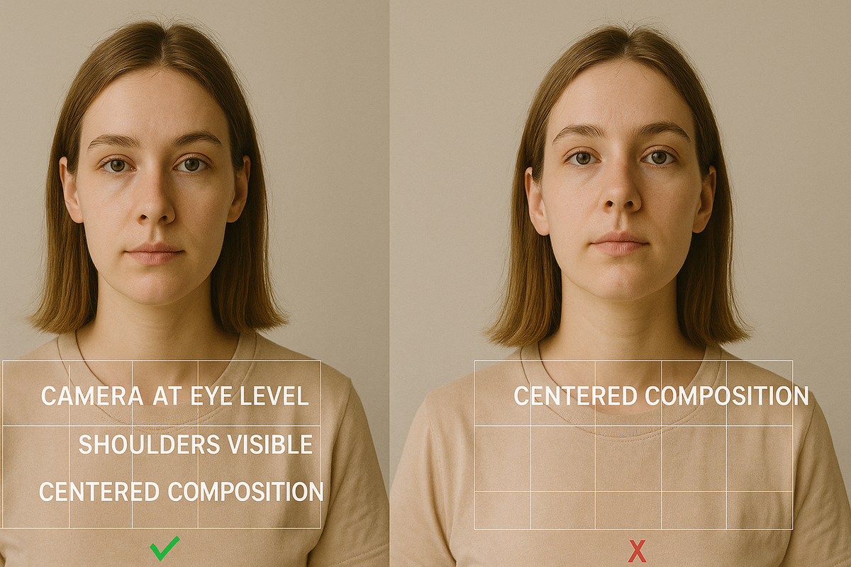 Close-up headshot framing guide showing correct vs incorrect angles — camera at eye level, shoulders visible, centered composition.
