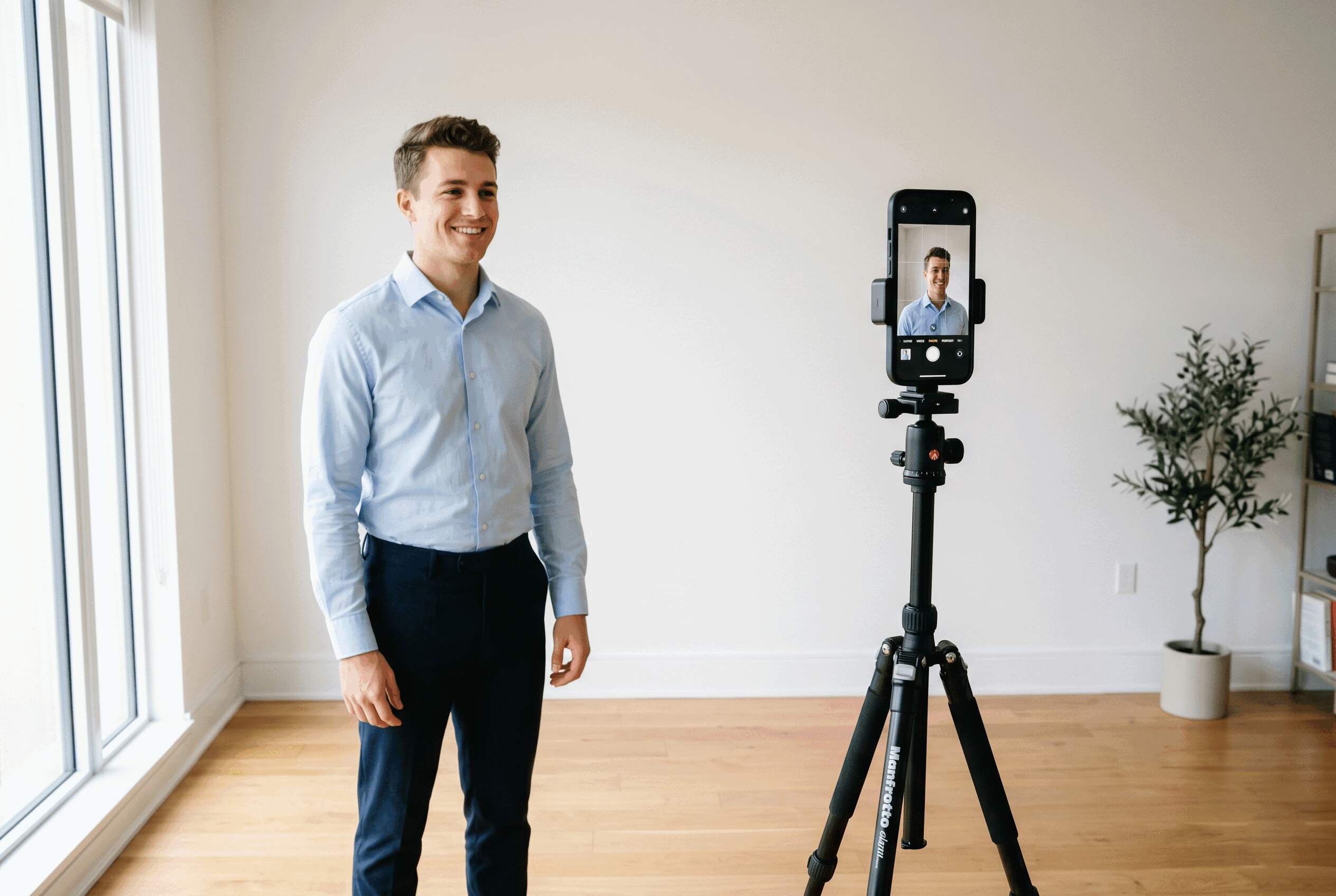 Smartphone on small tripod facing person standing near window, gridlines visible on screen, bright balanced lighting.