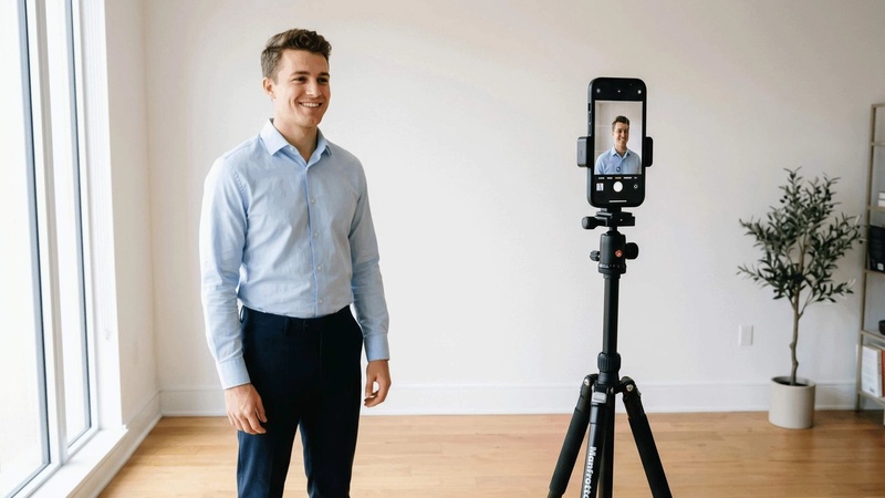 Smartphone on small tripod facing person standing near window, gridlines visible on screen, bright balanced lighting.