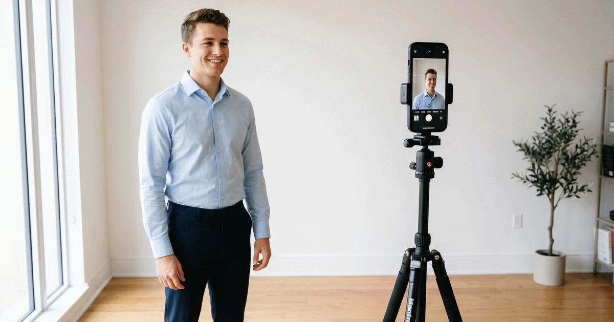Smartphone on small tripod facing person standing near window, gridlines visible on screen, bright balanced lighting.