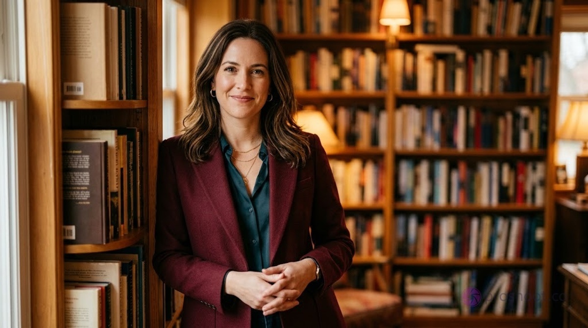 Environmental portrait of an author in a library setting with a warm bookshelf background