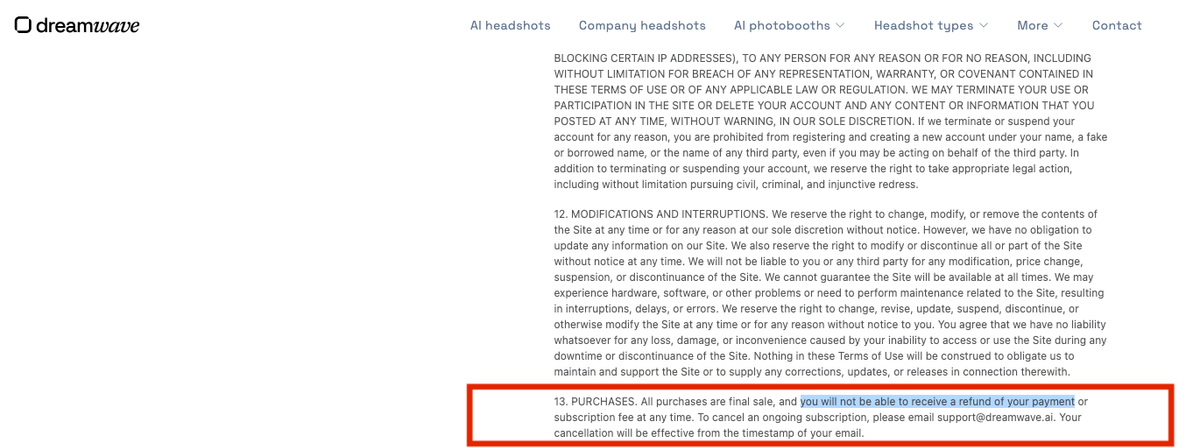 DreamWave AI refund policy screenshot stating purchases are final sale and refunds are not available