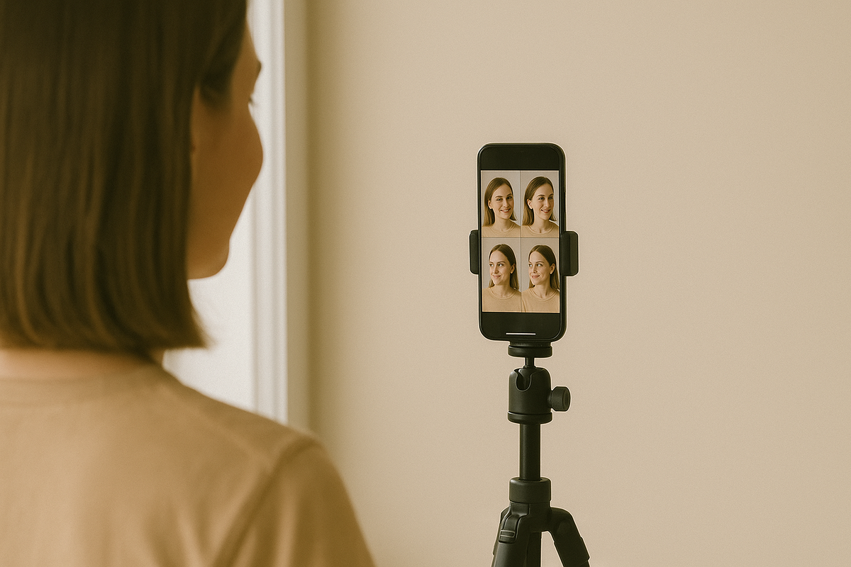 Person taking multiple headshots on phone tripod, changing angles slightly between shots.