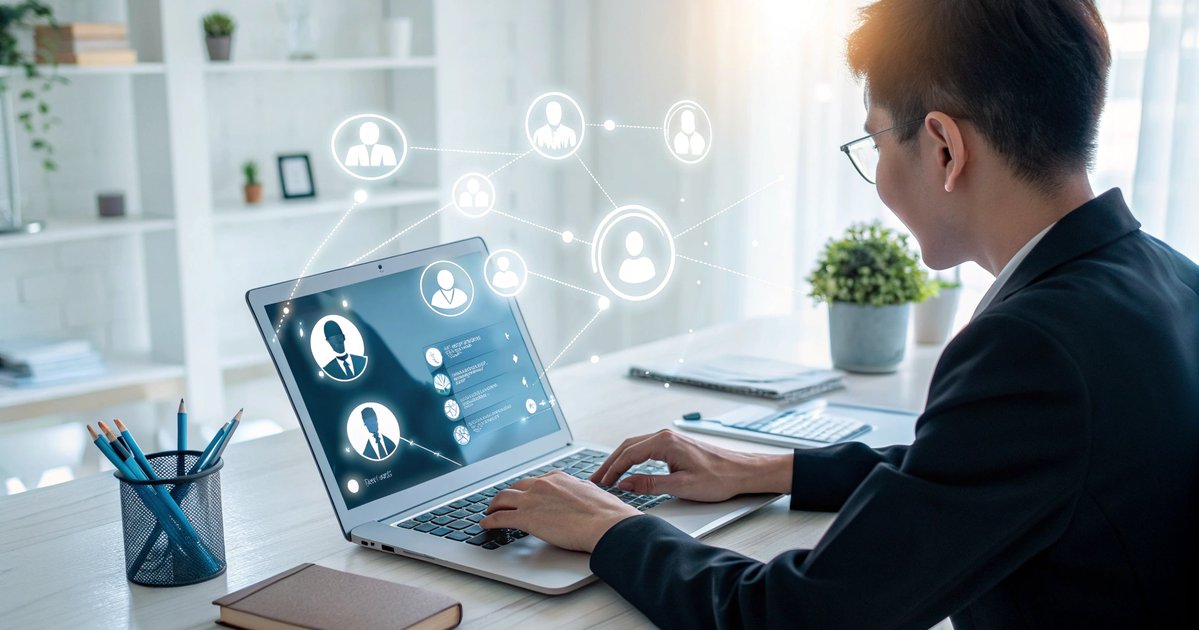 Remote worker at laptop creating professional AI-generated headshots from home office