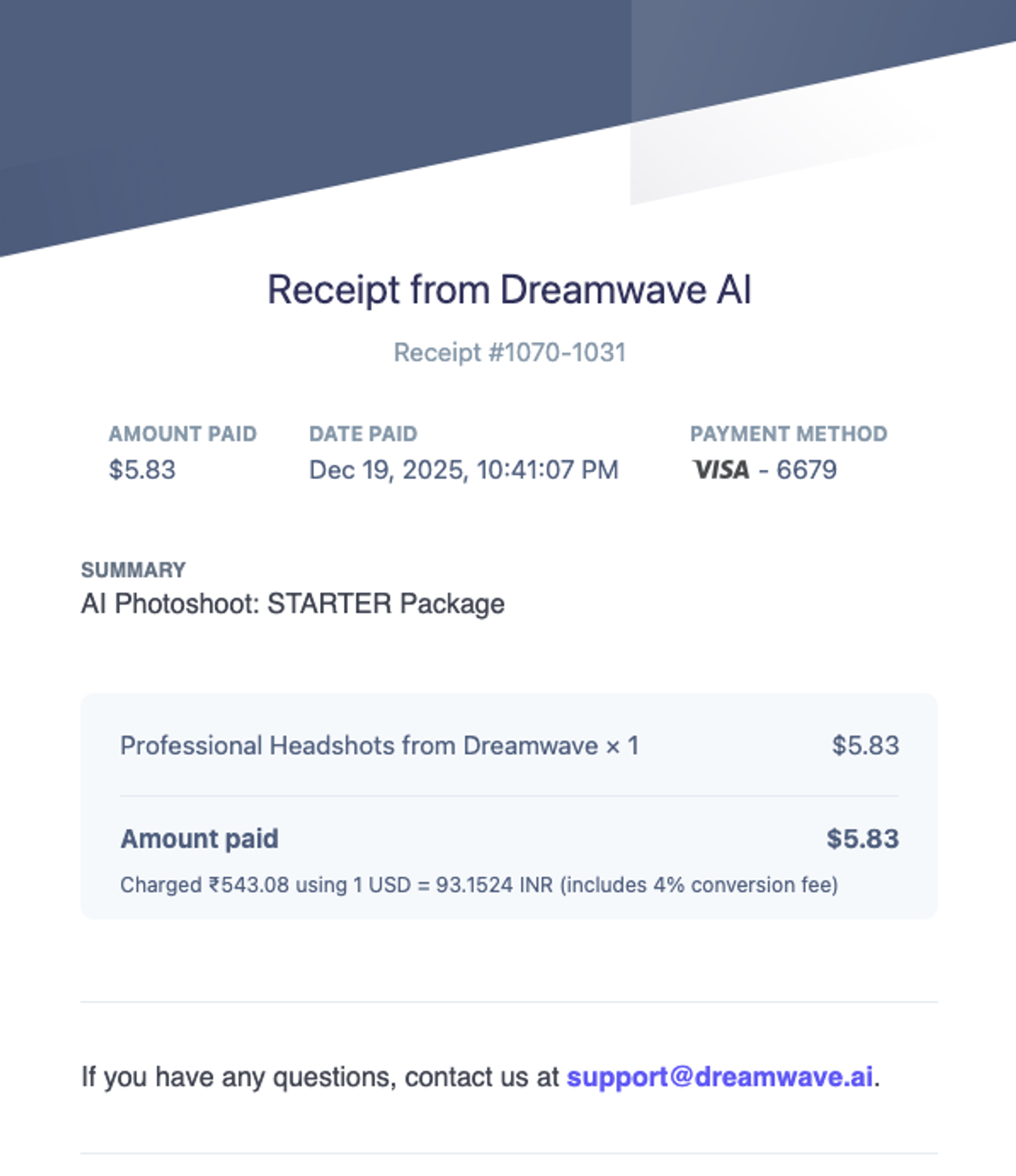 DreamWave AI Stripe receipt after purchase