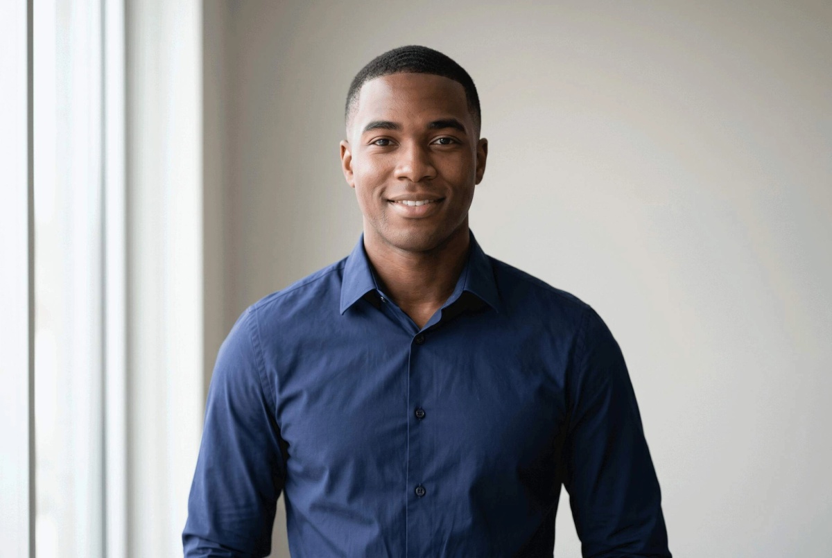 Professional headshot of man in navy shirt in soft daylight, plain background, mid-tone clothing.