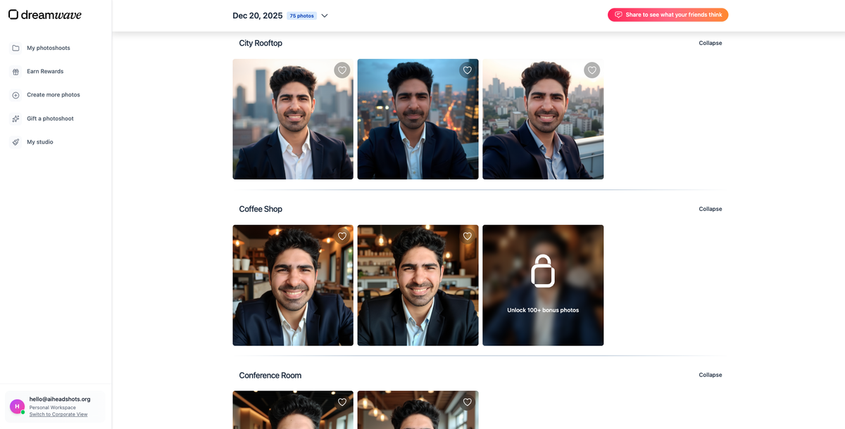 DreamWave AI results dashboard showing generated headshots