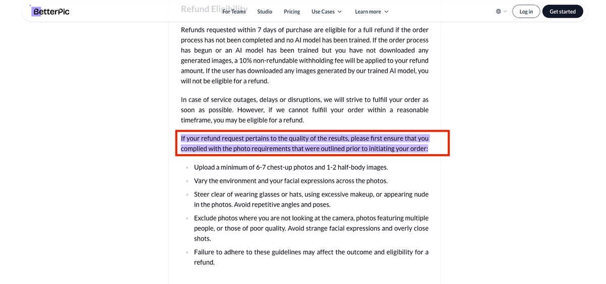 BetterPic refund eligibility screenshot showing quality-related refunds depend on complying with photo requirements before ordering