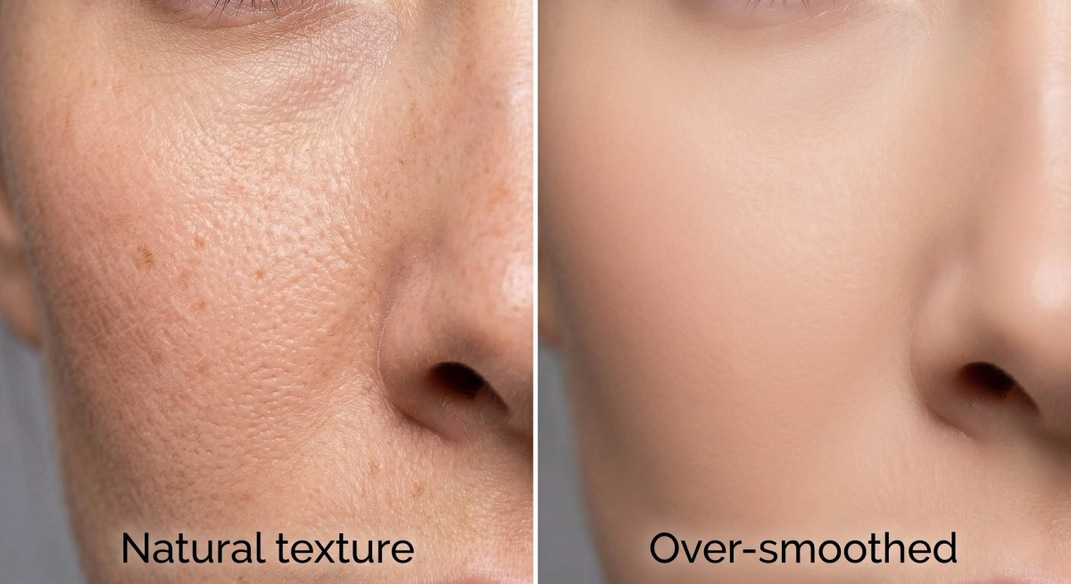 Zoomed-in 100% crop of a natural AI headshot showing realistic skin texture versus an over-smoothed version